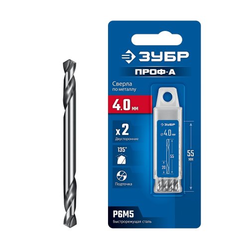 Сверло по металлу двухстороннее ЗУБР Проф-А, Р6М5, 4.0х55 мм (1 шт.)  картинка